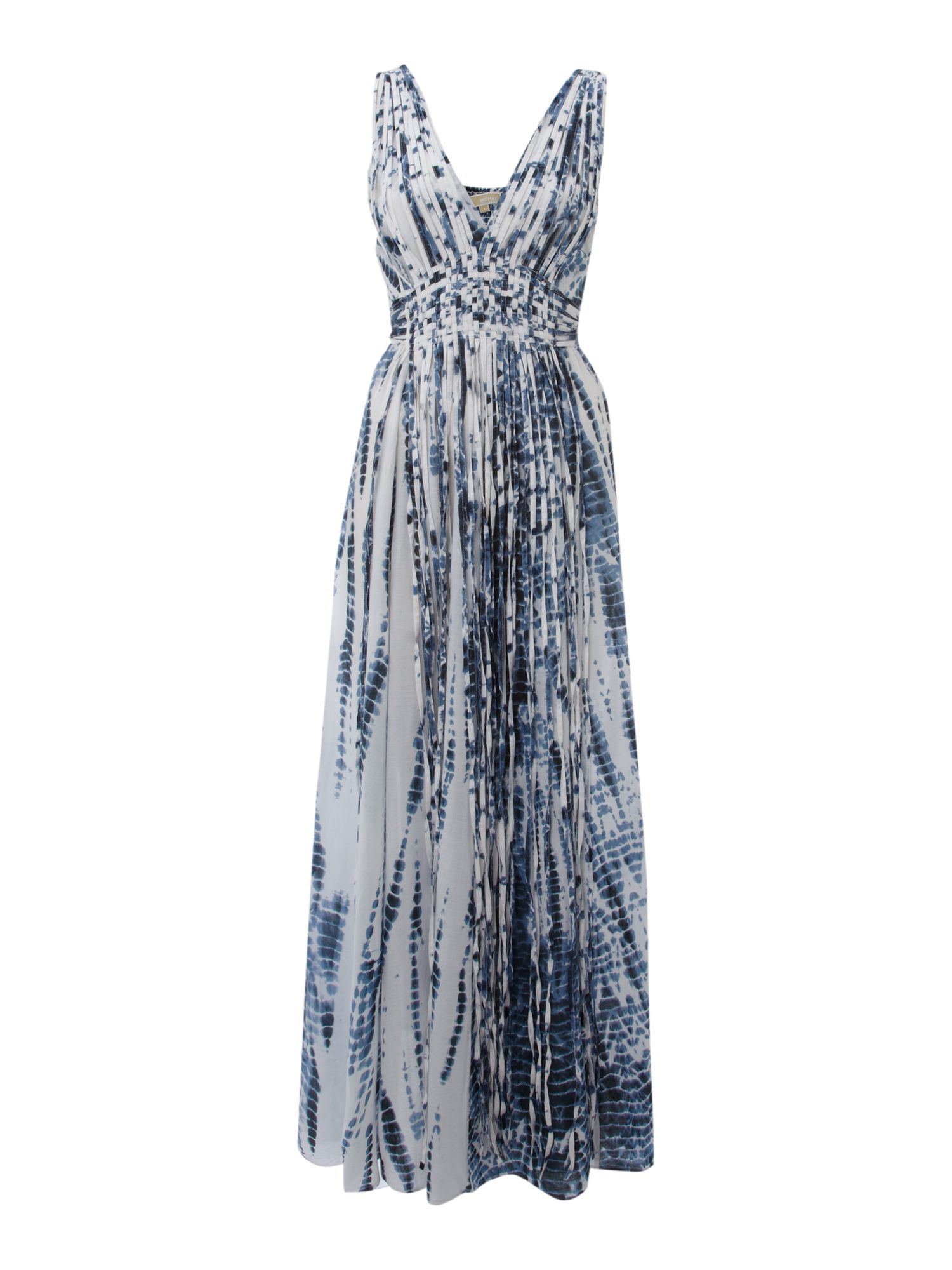 Women's Tie Dyed Maxi Dress, White - neckline: low v-neck; fit: fitted at waist; sleeve style: sleeveless; style: maxi dress; pattern: print, tie dye, abstract, patterned/print; waist detail: fitted waist; predominant colour: white; occasions: casual, evening, occasion; length: floor length; fibres: cotton - 100%; material texture: jersey; hip detail: sculpting darts/pleats/seams at hip; trends: prints, sports luxe; sleeve length: sleeveless; pattern type: fabric; pattern size: standard; texture group: jersey - stretchy/drapey