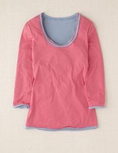 Double Layer Tee - pattern: plain, two-tone; style: t-shirt; shoulder detail: contrast pattern/fabric at shoulder; predominant colour: pink; occasions: casual; length: standard; neckline: scoop; fibres: cotton - 100%; material texture: jersey; fit: body skimming; hip detail: contrast fabric/print detail at hip; trends: pastels; sleeve length: 3/4 length; sleeve style: standard; pattern type: fabric; pattern size: standard; texture group: jersey - stretchy/drapey