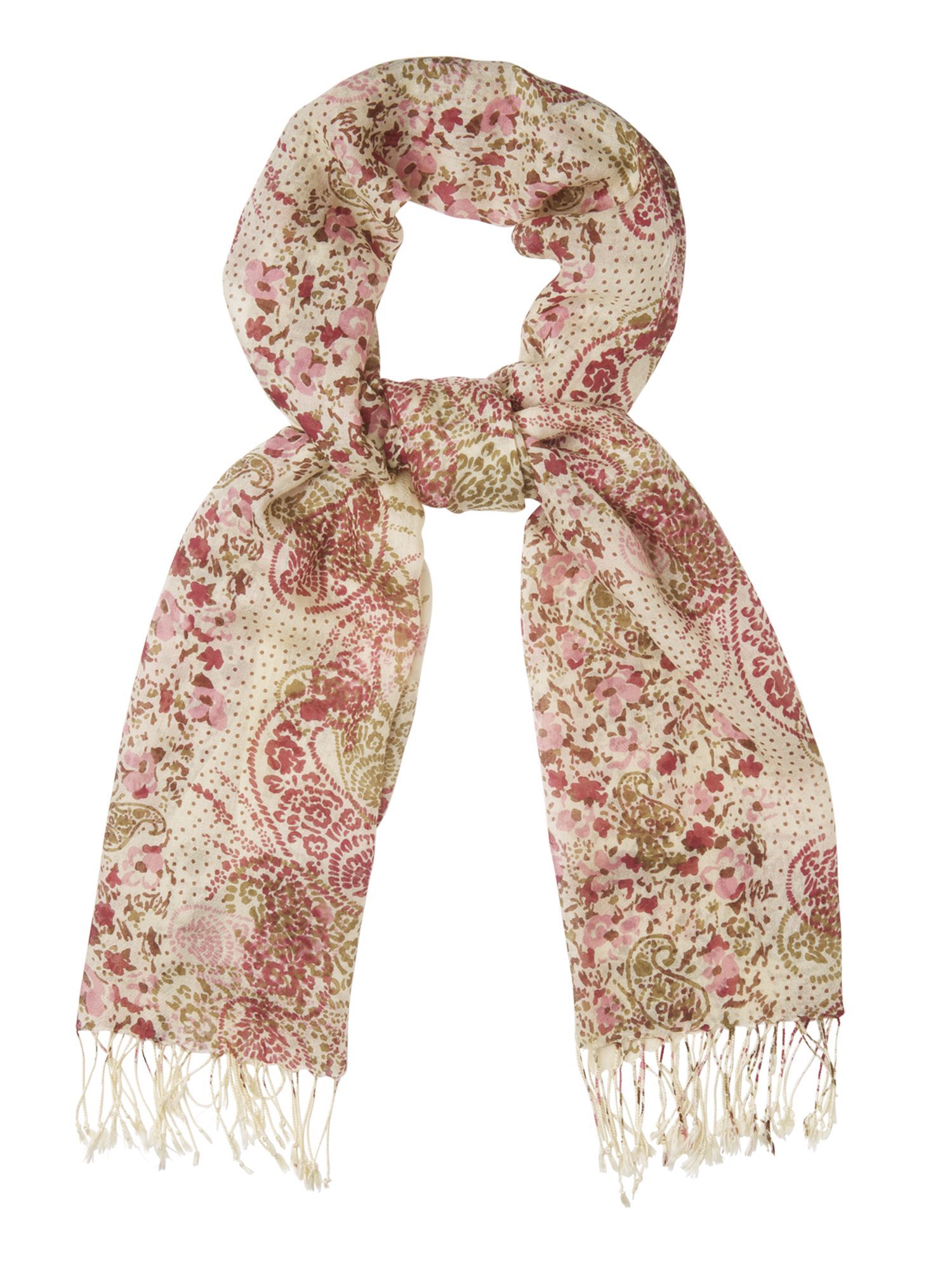 Boho Paisley Scarf, Pink - predominant colour: pink; type of pattern: small; style: regular; size: standard; material: fabric; embellishment: tassels; pattern: paisley