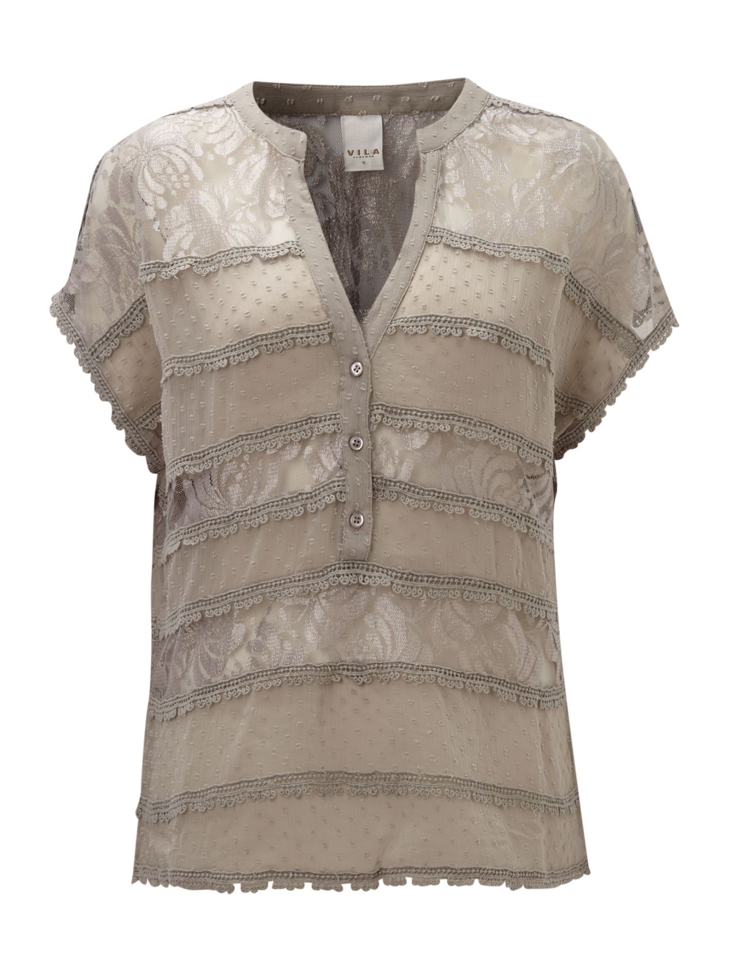 Women's Short Sleeve 3 Button Sheer Top, Paloma - pattern: plain, lightly patterned, lace, patterned/print; style: blouse; shoulder detail: contrast pattern/fabric at shoulder; bust detail: buttons at bust (in middle at breastbone)/zip detail at bust; predominant colour: taupe; occasions: evening, work; length: standard; neckline: mandarin with v-neck; fibres: polyester/polyamide - 100%; material texture: lace; fit: straight cut; trends: prints; sleeve length: short sleeve; sleeve style: standard; texture group: lace; pattern type: fabric; pattern size: small & light