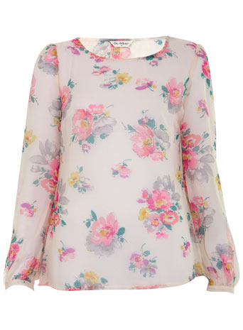 Floral Twist Back Top - neckline: round neck; pattern: floral - light, florals; predominant colour: blush; occasions: casual; length: standard; style: top; fibres: polyester/polyamide - 100%; material texture: chiffon; fit: body skimming; trends: prints; sleeve length: 3/4 length; sleeve style: standard; texture group: sheer fabrics/chiffon/organza etc.; pattern type: fabric; pattern size: small & light