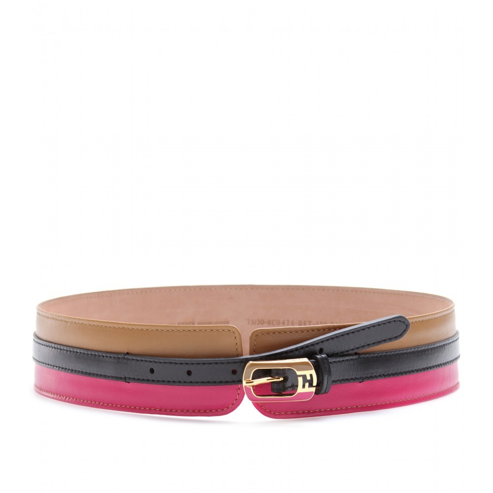 Color Block Leather Belt - predominant colour: multicoloured; style: classic; size: standard; worn on: waist; material: leather; pattern: horizontal stripes, monogram, plain