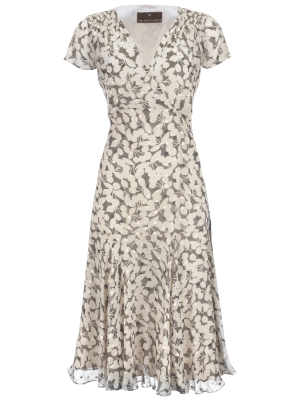Satin Dress, Graphite Combo - style: shift; length: calf length; neckline: v-neck; pattern: floral - busy, print, florals, patterned/print; waist detail: fitted waist; predominant colour: mid grey; occasions: evening, work; fit: soft a-line; fibres: silk - 100%; material texture: satin; trends: prints; sleeve length: short sleeve; sleeve style: standard; texture group: structured shiny - satin/tafetta/silk etc.; pattern type: fabric; pattern size: small & busy