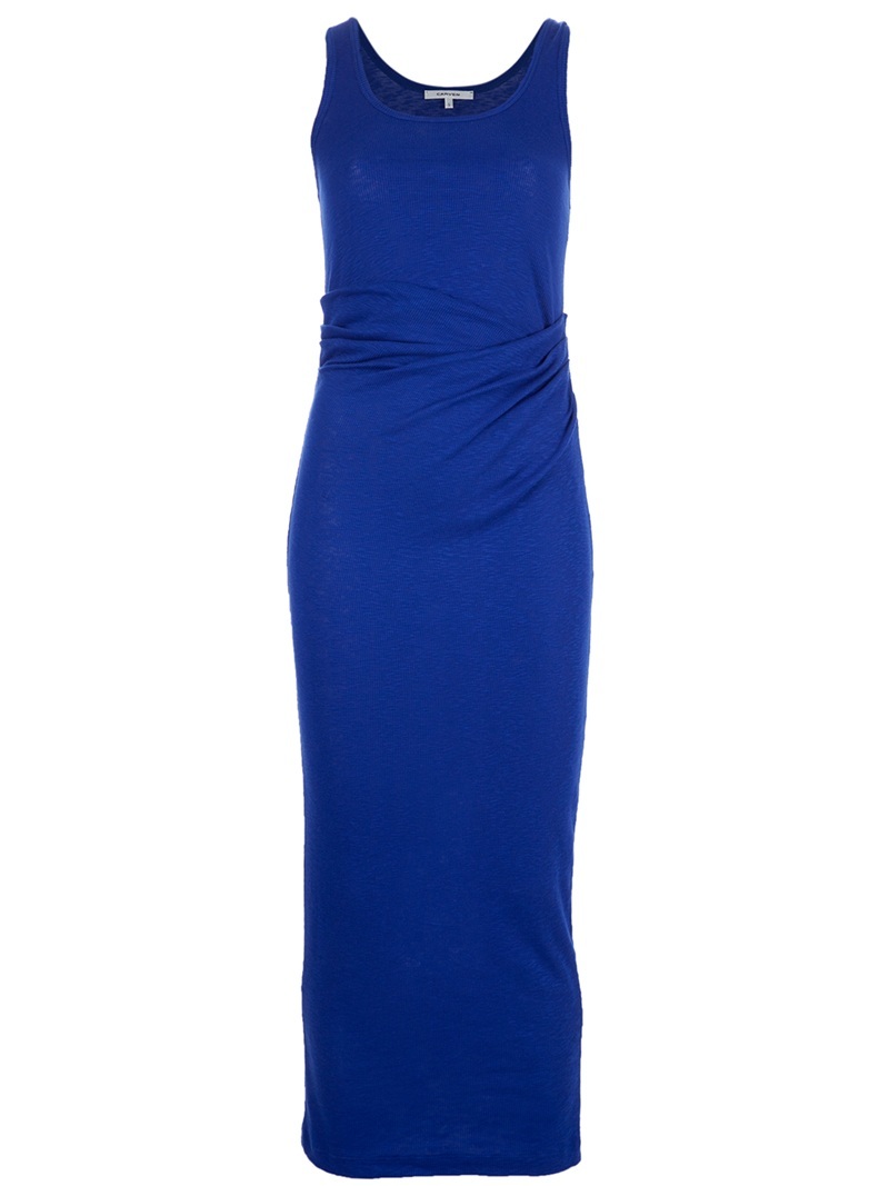 Vest Dress - fit: tight; pattern: plain; sleeve style: sleeveless; length: ankle length; waist detail: fitted waist, twist front waist detail/nipped in at waist on one side/soft pleats/draping/ruching/gathering waist detail; style: vest; predominant colour: royal blue; occasions: casual; fibres: cotton - 100%; material texture: jersey; hip detail: ruching/gathering at hip; sleeve length: sleeveless; pattern type: fabric; pattern size: standard; texture group: jersey - stretchy/drapey
