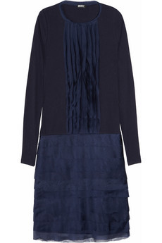 Cotton Jersey And Silk Dress - style: shift; neckline: round neck; pattern: plain; bust detail: ruching/gathering/draping/layers/pintuck pleats at bust; predominant colour: navy; occasions: casual, evening; length: just above the knee; fit: body skimming; fibres: cotton - 100%; material texture: satin; hip detail: soft pleats at hip/draping at hip/flared at hip; sleeve length: long sleeve; sleeve style: standard; texture group: structured shiny - satin/tafetta/silk etc.; pattern type: fabric; pattern size: standard