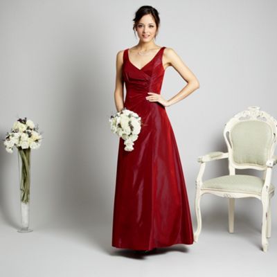 Red Taffeta Maxi Ball Gown - neckline: v-neck; fit: fitted at waist; pattern: plain; sleeve style: sleeveless; style: maxi dress; waist detail: fitted waist, twist front waist detail/nipped in at waist on one side/soft pleats/draping/ruching/gathering waist detail; bust detail: ruching/gathering/draping/layers/pintuck pleats at bust; predominant colour: true red; occasions: evening, occasion; length: floor length; fibres: polyester/polyamide - 100%; material texture: sateen; trends: brights; sleeve length: sleeveless; texture group: structured shiny - satin/tafetta/silk etc.; pattern type: fabric; pattern size: standard