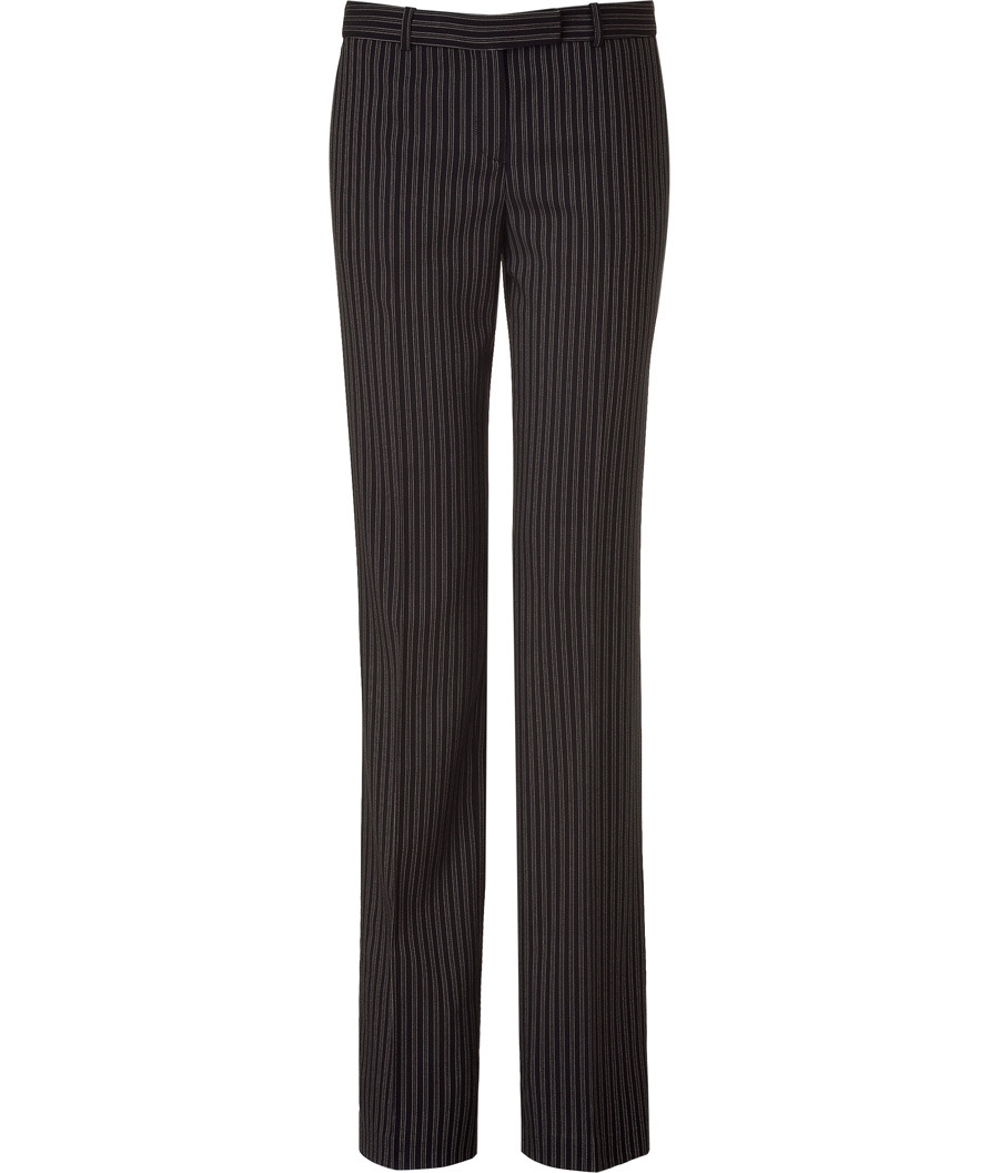 Black And Ivory Striped Pants - length: standard; pocket detail: small back pockets, pockets at the sides; waist: low rise; predominant colour: black; occasions: casual, work; fibres: wool - 100%; material texture: chiffon; hip detail: fitted at hip (bottoms); waist detail: narrow waistband; texture group: sheer fabrics/chiffon/organza etc.; fit: straight leg; style: standard