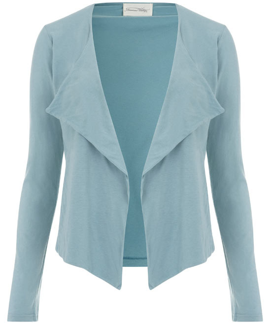 Turquoise Waterfall Jersey Jacket, Size: L - pattern: plain; bust detail: added detail/embellishment at bust; collar: shawl/waterfall; style: tailored/fitted; predominant colour: mint green; occasions: casual, work; length: standard; fit: tailored/fitted; fibres: cotton - 100%; material texture: jersey; hip detail: dip hem; back detail: shorter hem at back than at front; trends: pastels; sleeve length: long sleeve; sleeve style: standard; collar break: low/open; pattern type: fabric; pattern size: standard; texture group: jersey - stretchy/drapey