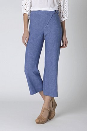 Asymmetric Wide Legs - waist detail: fitted waist; waist: mid/regular rise; predominant colour: denim; occasions: casual, work; length: ankle length; fibres: linen - mix; material texture: jersey stretch; texture group: jersey - clingy; fit: wide leg; style: standard
