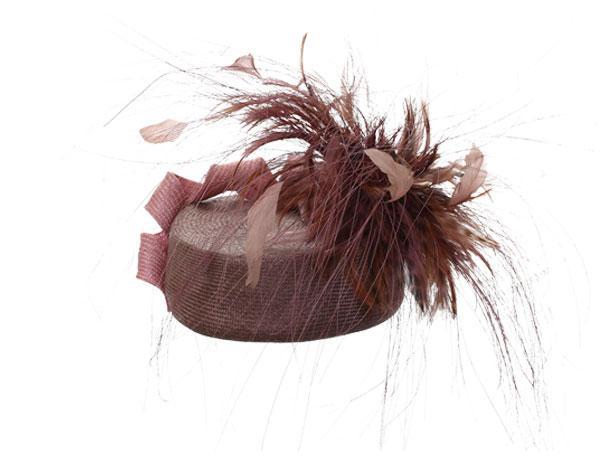 Simmons - predominant colour: chocolate brown; type of pattern: light; style: fascinator; size: small; material: fabric; embellishment: feather; pattern: plain