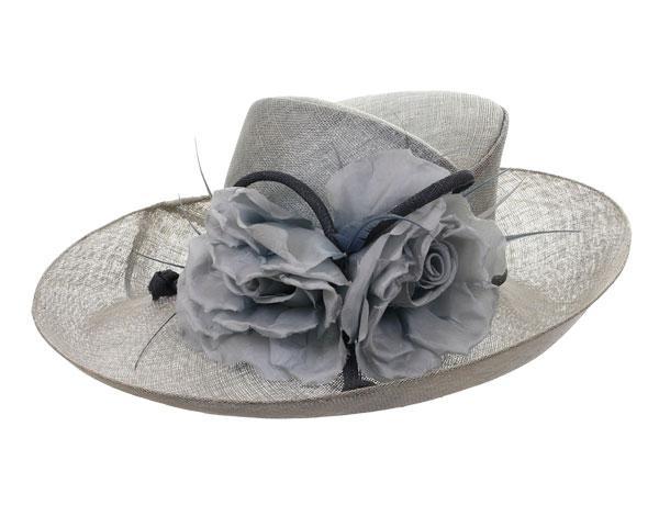 The Clarence - predominant colour: light grey; style: wide brimmed; size: large; material: satin; embellishment: feather; pattern: plain