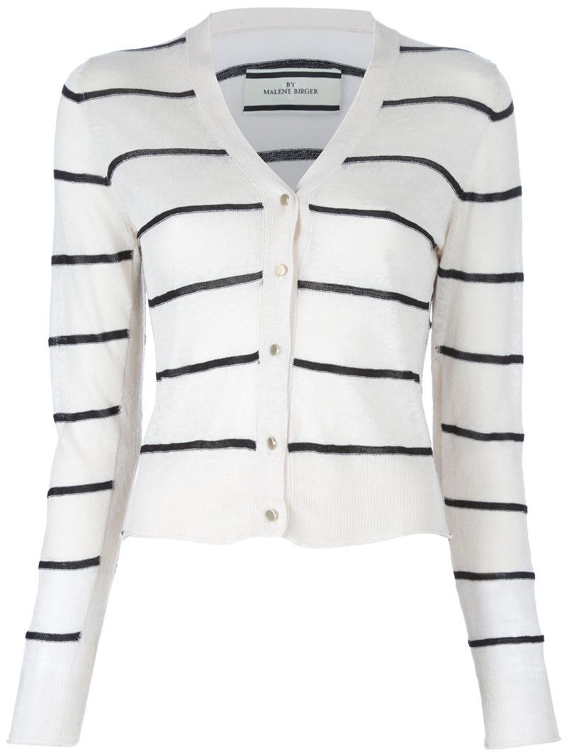 Stripe Cardigan - neckline: v-neck; pattern: horizontal stripes; bust detail: buttons at bust (in middle at breastbone)/zip detail at bust; predominant colour: white; occasions: casual, work; length: standard; style: standard; fibres: linen - mix; material texture: calico; fit: standard fit; trends: white; sleeve length: long sleeve; sleeve style: standard; texture group: cotton feel fabrics; pattern type: knitted - other; pattern size: standard