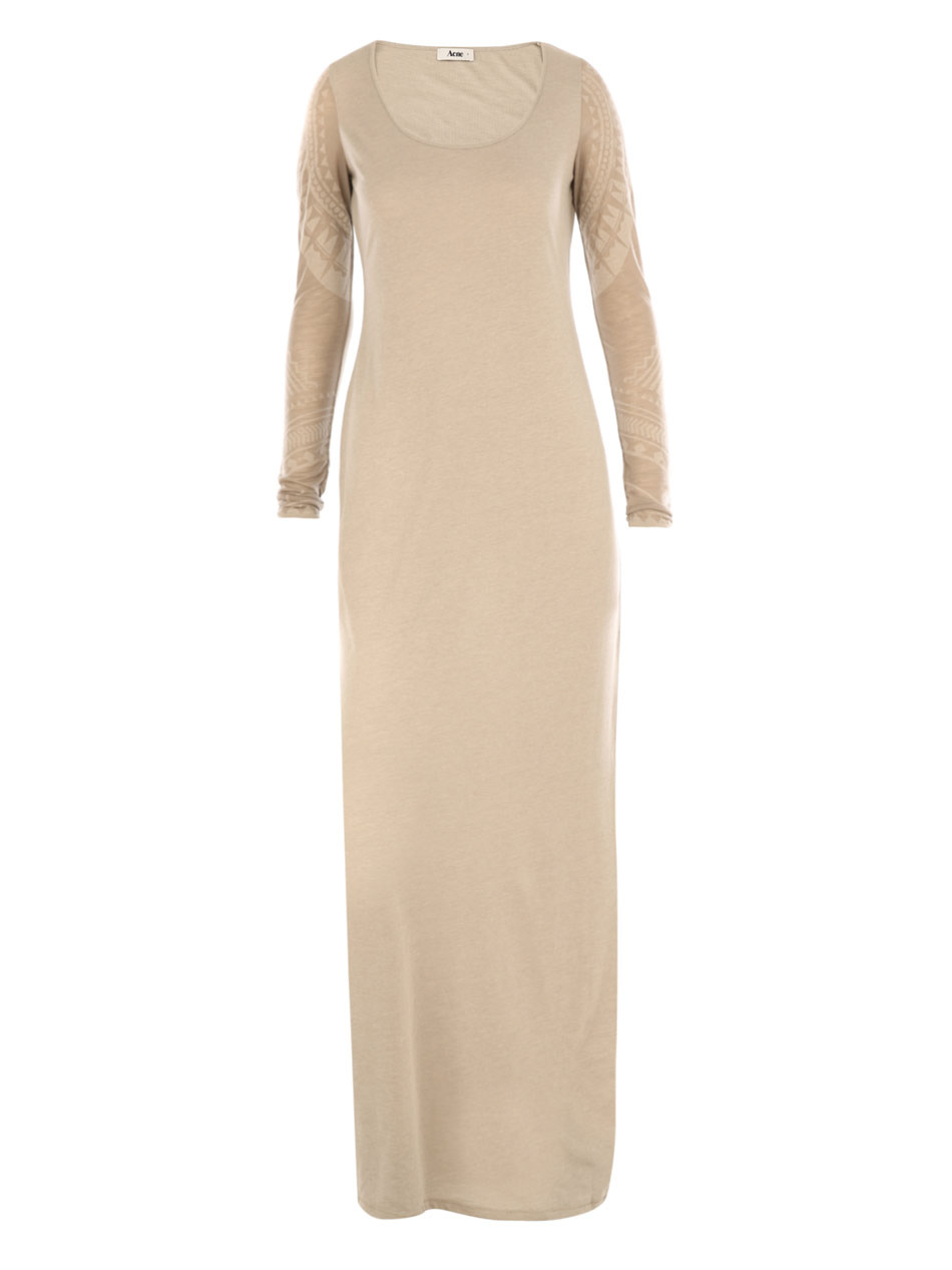 Printed Sleeve Maxi Dress - neckline: round neck; pattern: plain; style: maxi dress; waist detail: fitted waist; hip detail: fitted at hip; predominant colour: stone; occasions: casual; length: floor length; fit: body skimming; fibres: polyester/polyamide - mix; material texture: jersey; sleeve length: long sleeve; sleeve style: standard; pattern type: fabric; pattern size: standard; texture group: jersey - stretchy/drapey