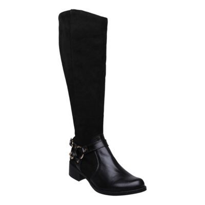 Black Halter Detail Riding Boot - predominant colour: black; material: leather; heel height: mid; embellishment: buckles; heel: block; toe: round toe; boot length: knee; style: riding