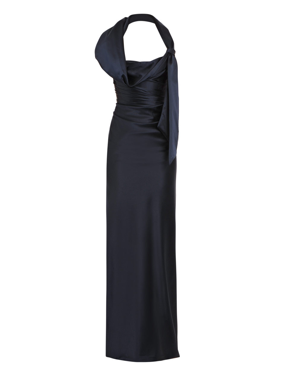Long Bellini Dress - style: ballgown; pattern: plain; sleeve style: sleeveless; bust detail: added detail/embellishment at bust, ruching/gathering/draping/layers/pintuck pleats at bust; waist detail: fitted waist, twist front waist detail/nipped in at waist on one side/soft pleats/draping/ruching/gathering waist detail; back detail: cowl/draping/scoop at back, low cut/open back; neckline: halter neck; hip detail: fitted at hip; predominant colour: navy; occasions: evening, occasion; length: floor length; fit: body skimming; fibres: silk - mix; material texture: satin; shoulder detail: asymmetric shoulder detail/one shoulder; trends: aquatic; sleeve length: sleeveless; texture group: structured shiny - satin/tafetta/silk etc.; pattern type: fabric; pattern size: standard