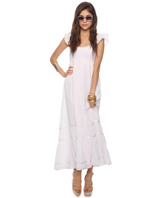 Eyelet Flutter Maxi Dress - neckline: high square neck; sleeve style: capped; fit: empire; pattern: plain; style: maxi dress; length: ankle length; back detail: low cut/open back; bust detail: ruching/gathering/draping/layers/pintuck pleats at bust; predominant colour: white; occasions: casual; fibres: polyester/polyamide - 100%; material texture: taffeta; trends: white; sleeve length: sleeveless; texture group: structured shiny - satin/tafetta/silk etc.; pattern type: fabric; pattern size: standard