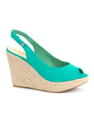 Peep Toe Espadrilles - predominant colour: mint green; material: faux leather; heel height: high; embellishment: buckles; ankle detail: ankle strap; heel: wedge; toe: open toe/peeptoe; style: slingbacks