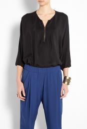 Black Zip Front Silk Tunic - neckline: round neck; pattern: plain; style: tunic; bust detail: buttons at bust (in middle at breastbone)/zip detail at bust; predominant colour: black; occasions: casual, work, occasion; length: standard; fibres: silk - 100%; material texture: satin; fit: loose; sleeve length: 3/4 length; sleeve style: standard; texture group: structured shiny - satin/tafetta/silk etc.; pattern type: fabric; pattern size: standard