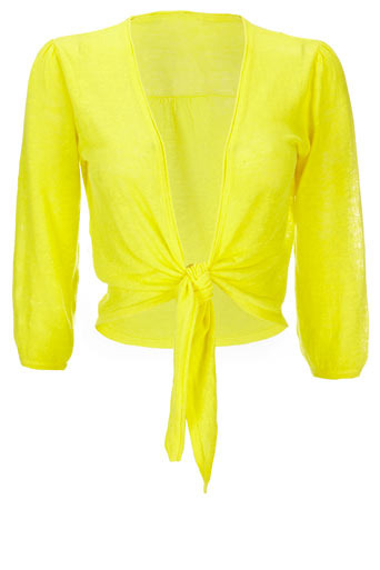 Yellow Tie Front Shrug - neckline: low v-neck; pattern: plain; style: bolero/shrug; length: cropped; predominant colour: yellow; fibres: linen - mix; material texture: chiffon; occasions: occasion; fit: standard fit; waist detail: belted waist/tie at waist/drawstring; trends: brights; sleeve length: 3/4 length; sleeve style: standard; texture group: sheer fabrics/chiffon/organza etc.; pattern type: knitted - other; pattern size: standard