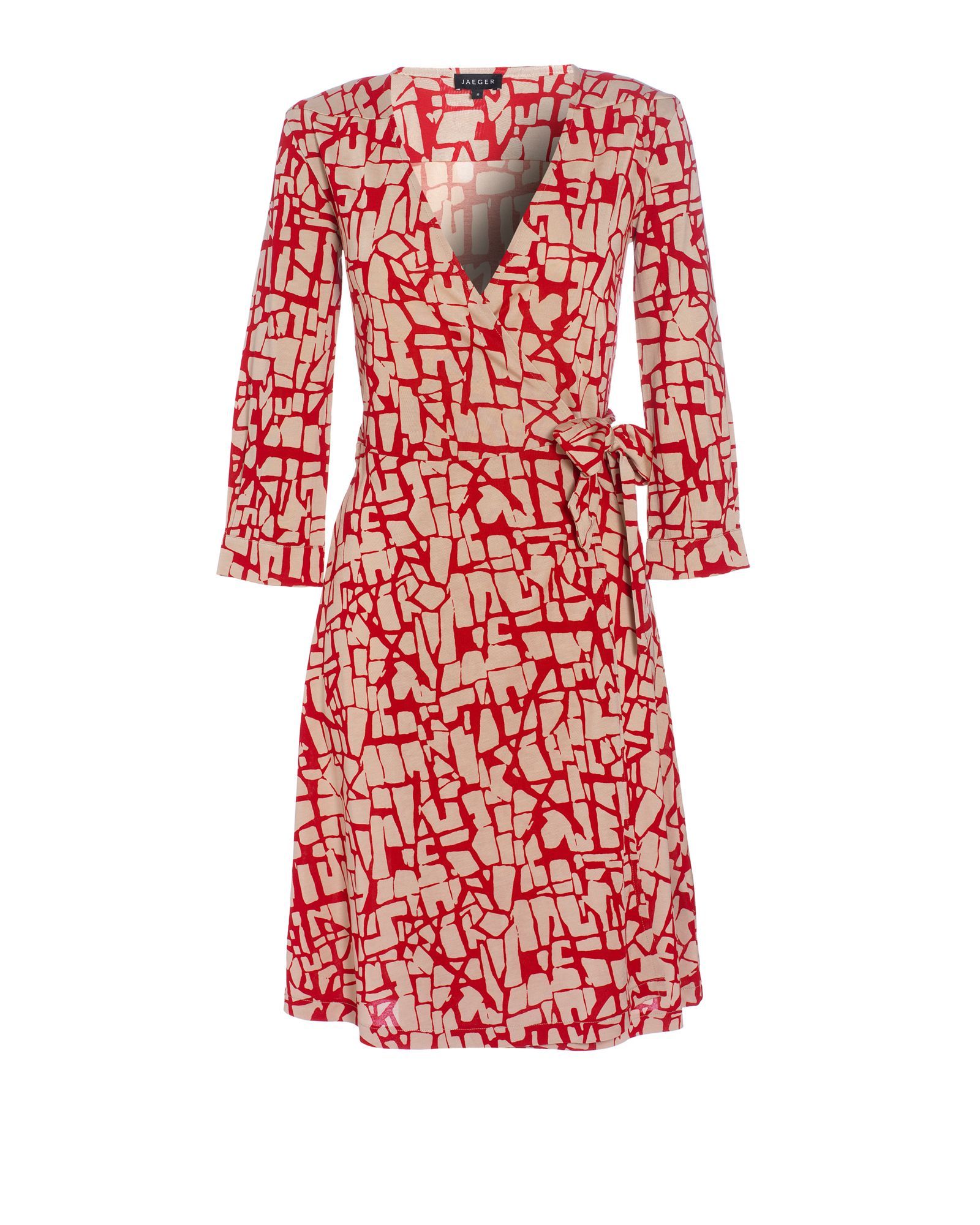 Women's Printed Jersey 3/4 Sleeve Wrap Dress, Red - style: faux wrap/wrap; neckline: v-neck; pattern: print, patterned/print; waist detail: belted waist/tie at waist/drawstring; predominant colour: true red; occasions: casual, work; length: just above the knee; fit: body skimming; fibres: polyester/polyamide - 100%; material texture: jersey; trends: prints; sleeve length: 3/4 length; sleeve style: standard; pattern type: fabric; pattern size: standard; texture group: jersey - stretchy/drapey