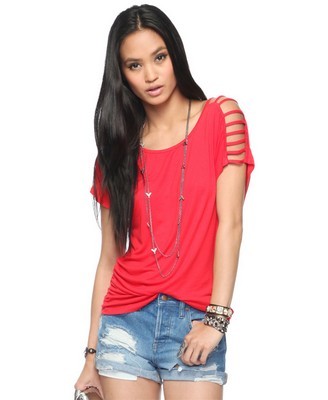 Strappy Shoulder Tunic - pattern: plain; style: t-shirt; predominant colour: hot pink; occasions: casual; length: standard; neckline: scoop; fibres: polyester/polyamide - 100%; material texture: jersey; fit: loose; shoulder detail: added shoulder detail, multiple straps/strappy shoulder detail, cut out shoulder; trends: brights; sleeve length: short sleeve; sleeve style: standard; pattern type: fabric; pattern size: standard; texture group: jersey - stretchy/drapey