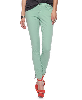 Life In Progress™ Zipped Twill Pants - hip detail: front pockets at hip, fitted at hip (bottoms); pocket detail: traditional 5 pocket; waist: mid/regular rise; predominant colour: pistachio; occasions: casual, evening; length: ankle length; fibres: cotton - stretch; material texture: denim; waist detail: narrow waistband; trends: pastels; texture group: denim; fit: skinny/tight leg; style: standard