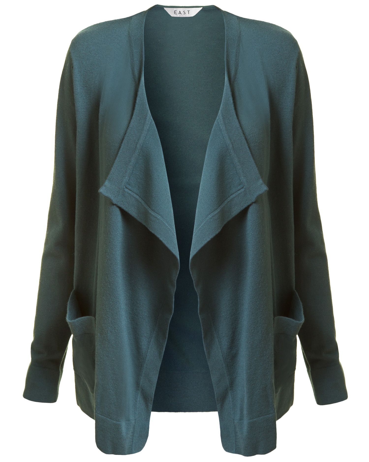 Women's New Ros Pocket Cardigan, Aqua - pattern: plain; neckline: waterfall neck; hip detail: side pockets at hip, front pockets at hip; length: below the bottom; predominant colour: teal; occasions: casual; style: standard; fibres: polyester/polyamide - stretch; material texture: jersey; trends: aquatic; sleeve length: long sleeve; sleeve style: standard; pattern type: knitted - other; pattern size: standard; texture group: jersey - stretchy/drapey
