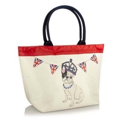 Natural Dog Printed Tote Bag - predominant colour: ivory; style: tote; length: shoulder (tucks under arm); size: standard; material: fabric; embellishment: print; pattern: plain, patterned/print