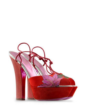 Sandals Clogs Sandals On Shoescribe. - predominant colour: true red; material: fabric; heel height: high; embellishment: print; ankle detail: ankle strap; heel: platform; toe: open toe/peeptoe; style: strappy; pattern: patterned/print