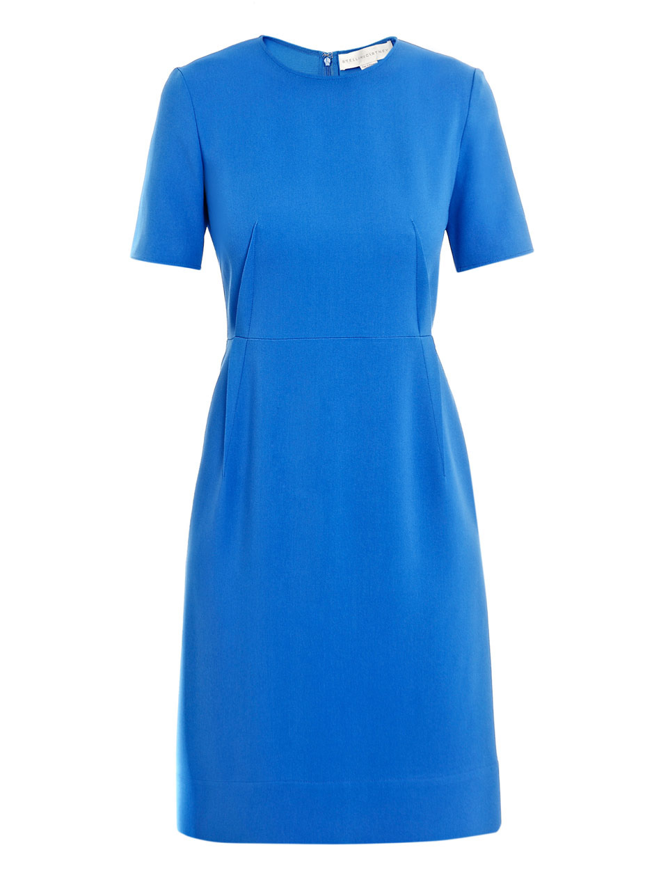 Ridley Dress - style: a-line; fit: fitted at waist; pattern: plain; waist detail: fitted waist, twist front waist detail/nipped in at waist on one side/soft pleats/draping/ruching/gathering waist detail; bust detail: ruching/gathering/draping/layers/pintuck pleats at bust; predominant colour: royal blue; occasions: casual, work, occasion; length: on the knee; fibres: polyester/polyamide - stretch; material texture: chiffon; neckline: crew; hip detail: structured pleats at hip; trends: aquatic, brights; sleeve length: short sleeve; sleeve style: standard; texture group: sheer fabrics/chiffon/organza etc.; pattern type: fabric; pattern size: standard