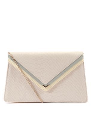 Shell Pink Envelope Top Clutch - predominant colour: ivory; type of pattern: small; style: clutch; length: hand carry; size: small; material: animal skin; embellishment: animal print; pattern: animal print