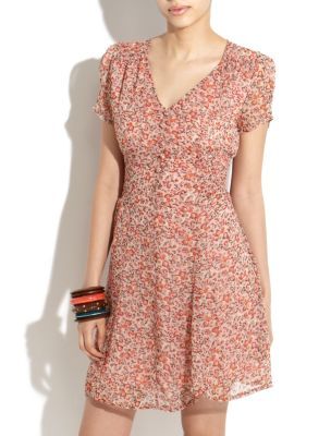 Pussycat Orange Floral Button Front Dress - style: tunic; length: mid thigh; neckline: low v-neck; pattern: floral - busy, florals; waist detail: fitted waist; predominant colour: pink; occasions: casual; fit: body skimming; fibres: polyester/polyamide - 100%; material texture: chiffon; trends: prints; sleeve length: short sleeve; sleeve style: standard; texture group: sheer fabrics/chiffon/organza etc.; pattern type: fabric; pattern size: standard