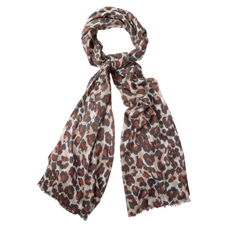 Leopard Print Scarf, Clay - predominant colour: chocolate brown; type of pattern: heavy; style: regular; size: standard; material: fabric; pattern: animal print