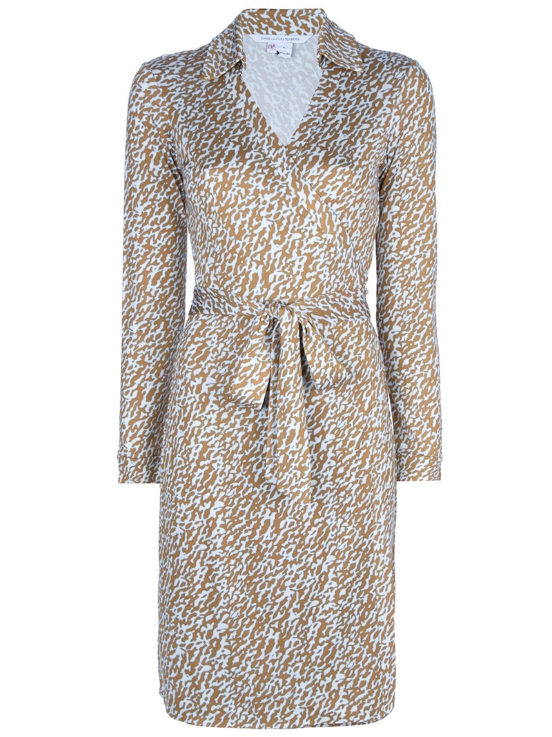 'New Jeanne' Dress - style: faux wrap/wrap; neckline: shirt collar/peter pan/zip with opening; pattern: print, patterned/print; waist detail: belted waist/tie at waist/drawstring; occasions: work; length: on the knee; fit: body skimming; fibres: silk - 100%; material texture: jersey; predominant colour: multicoloured; trends: prints; sleeve length: long sleeve; sleeve style: standard; pattern type: fabric; pattern size: standard; texture group: jersey - stretchy/drapey