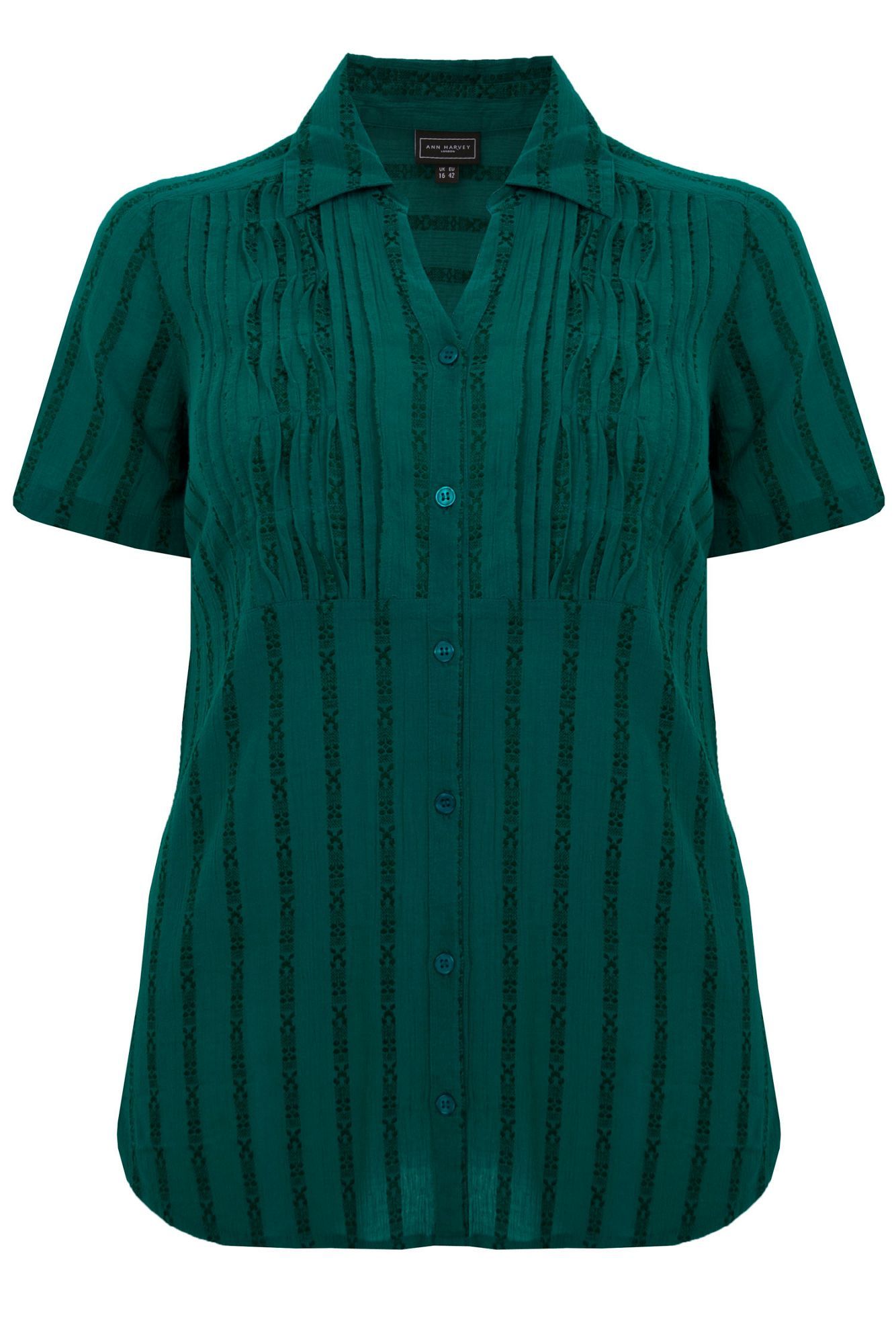 Women's Teal Pintuck Blouse, Teal - neckline: shirt collar/peter pan/zip with opening; sleeve style: capped; pattern: plain, striped; style: blouse; predominant colour: dark green; occasions: casual, work; length: standard; fibres: cotton - mix; material texture: jersey; fit: body skimming; sleeve length: short sleeve; pattern type: fabric; pattern size: standard; texture group: jersey - stretchy/drapey