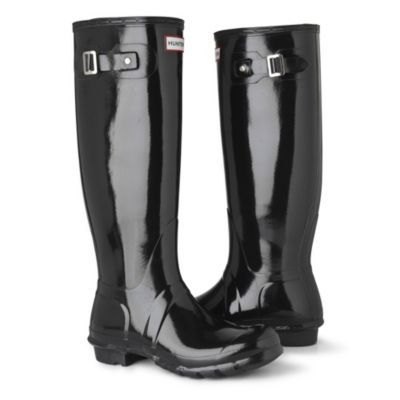 Original Gloss Wellies - predominant colour: black; material: plastic/rubber; heel height: flat; embellishment: buckles; heel: block; toe: round toe; boot length: knee; style: wellies