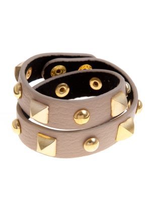 Cream Gold Studded Wrap Bracelet - predominant colour: stone; style: cuff; size: standard; material: leather