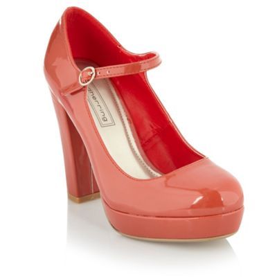 Orange Block Heel Court Shoes - predominant colour: bright orange; material: patent; heel height: high; embellishment: buckles; ankle detail: ankle strap; heel: platform; toe: round toe; style: courts; finish: patent