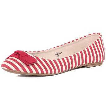 Red And White Stripe Pumps - predominant colour: true red; material: fabric; heel height: flat; embellishment: print, ribbon; toe: round toe; style: ballerinas / pumps; pattern: patterned/print