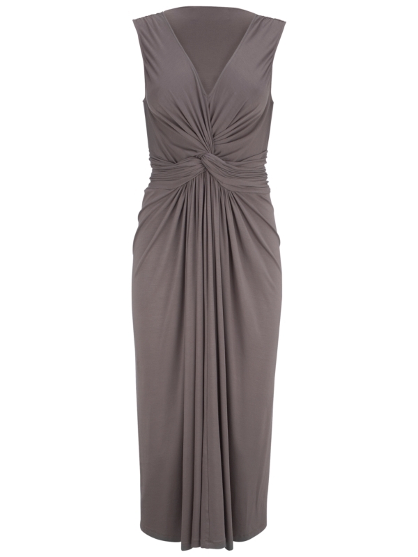 Knot Front Jersey Dress, Khaki - style: tunic; length: below the knee; neckline: low v-neck; pattern: plain; sleeve style: sleeveless; waist detail: twist front waist detail/nipped in at waist on one side/soft pleats/draping/ruching/gathering waist detail; bust detail: ruching/gathering/draping/layers/pintuck pleats at bust; predominant colour: charcoal; occasions: casual, occasion; fit: body skimming; fibres: polyester/polyamide - stretch; material texture: jersey; hip detail: ruching/gathering at hip; sleeve length: sleeveless; pattern type: fabric; pattern size: standard; texture group: jersey - stretchy/drapey