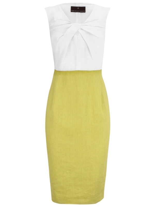 Twist Front Dress, Lime - style: shift; neckline: round neck; sleeve style: sleeveless; waist detail: fitted waist; hip detail: fitted at hip; bust detail: knot twist front detail at bust; predominant colour: lime; occasions: casual, occasion; length: on the knee; fit: body skimming; fibres: linen - 100%; material texture: jersey; sleeve length: sleeveless; texture group: jersey - stretchy/drapey