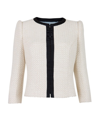 Ted Baker Kata Copped Vintage Style Jaket - neckline: round neck; pattern: plain; shoulder detail: shoulder pads; predominant colour: ivory; occasions: casual; length: standard; style: standard; fibres: wool - mix; material texture: denim; fit: standard fit; sleeve length: long sleeve; sleeve style: standard; texture group: denim; pattern type: knitted - other; pattern size: standard