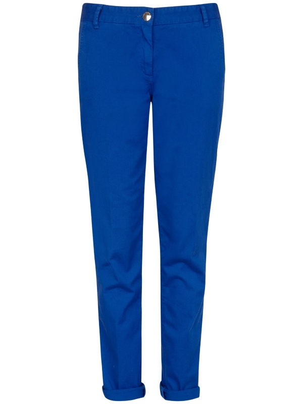 Qiy Peg Leg Chinos, Blue - waist detail: belted waist/tie at waist/drawstring; pocket detail: traditional 5 pocket; waist: mid/regular rise; predominant colour: royal blue; occasions: casual; length: ankle length; style: chino; fibres: cotton - stretch; material texture: metallic; jeans & bottoms detail: turn ups; trends: aquatic; fit: straight leg