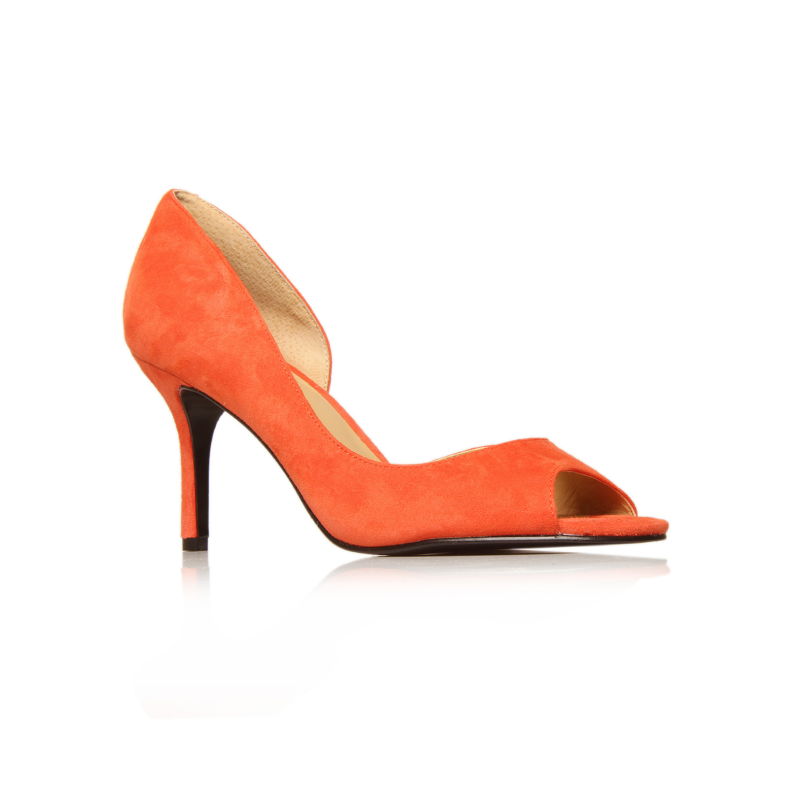 Geezup - predominant colour: bright orange; material: faux leather; heel height: high; heel: stiletto; toe: open toe/peeptoe; style: courts
