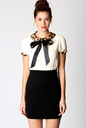 Cassie Leopard Peterpan Collar Bandage Skirt Dress - style: shift; sleeve style: capped; pattern: two-tone, small animal print, animal print; waist detail: fitted waist; hip detail: fitted at hip; predominant colour: black; occasions: casual, evening; length: just above the knee; fit: body skimming; fibres: polyester/polyamide - stretch; material texture: jersey; neckline: no opening/shirt collar/peter pan; sleeve length: short sleeve; pattern type: fabric; pattern size: standard; texture group: jersey - stretchy/drapey