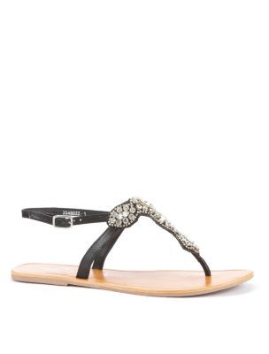 Black Diamante Embellished Strap Sandals - predominant colour: black; material: faux leather; heel height: flat; embellishment: buckles, crystals, jewels; ankle detail: ankle strap; heel: standard; toe: toe thongs; style: strappy