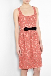 Bow Waist Lace Pencil Dress - style: shift; neckline: high square neck; fit: fitted at waist; pattern: plain, lace; sleeve style: sleeveless; waist detail: fitted waist, embellishment at waist/feature waistband, twist front waist detail/nipped in at waist on one side/soft pleats/draping/ruching/gathering waist detail; predominant colour: pink; occasions: casual, evening, occasion; length: on the knee; fibres: polyester/polyamide - stretch; material texture: lace; sleeve length: sleeveless; texture group: lace; pattern type: fabric; pattern size: standard