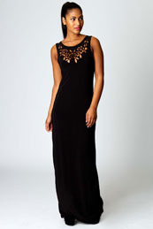 Kim Cutout Detail Slinky Maxi Dress - neckline: round neck; sleeve style: standard vest straps/shoulder straps; pattern: plain, lace; style: maxi dress; bust detail: added detail/embellishment at bust, contrast pattern/fabric/detail at bust; waist detail: fitted waist; back detail: racer back/sports back; hip detail: fitted at hip; predominant colour: black; occasions: casual, evening; length: floor length; fit: body skimming; fibres: polyester/polyamide - stretch; material texture: silky; trends: sports luxe; sleeve length: sleeveless; texture group: silky - light; pattern type: fabric; pattern size: standard