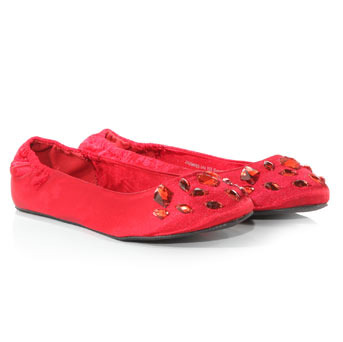Red Jewel Foldable Pumps - predominant colour: true red; material: satin; heel height: flat; embellishment: beading, jewels; toe: round toe; style: ballerinas / pumps