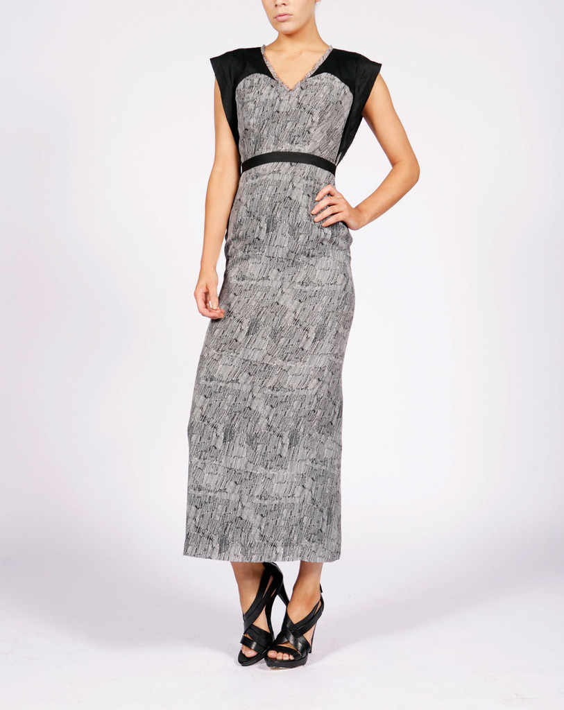 Venice Maxi Dress Scribble Black - neckline: v-neck; pattern: lightly patterned, print, patterned/print; sleeve style: sleeveless; style: maxi dress; length: ankle length; waist detail: fitted waist, narrow waistband; shoulder detail: contrast pattern/fabric at shoulder; predominant colour: light grey; occasions: casual, evening, occasion; fit: body skimming; fibres: silk - 100%; material texture: chiffon; trends: prints; sleeve length: sleeveless; texture group: sheer fabrics/chiffon/organza etc.; pattern type: fabric; pattern size: small & light